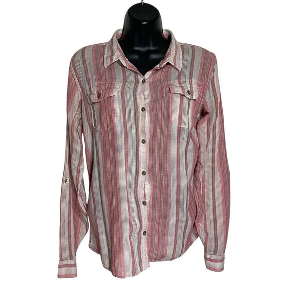 Toad & Co Button Up Shirt Womens M Pink Airbrush Long Sleeve Striped Roll Tab - Picture 1 of 12